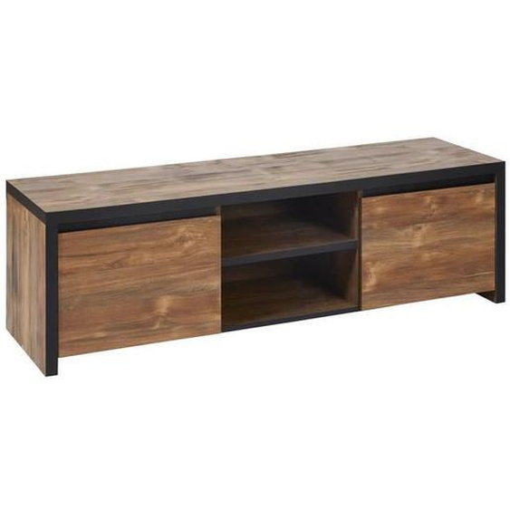 Meuble TV - ALTOBUY - STALONE - 2 Portes - 2 Niches - Effet Bois Manguier Foncé et Noir