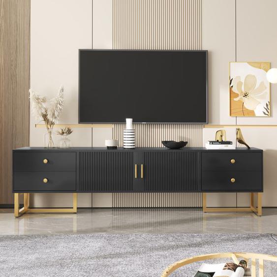 Meuble TV,  ANNEFLY Noir panneau bas avec porte texturée, meuble TV avec tiroirs, poignées dorées et pieds dorés
