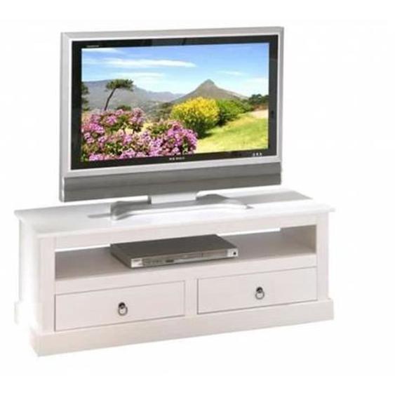 Meuble TV avec 1 compartiment et 2 tiroirs en pin massif - Dim : L118 x P39 x H45 cm