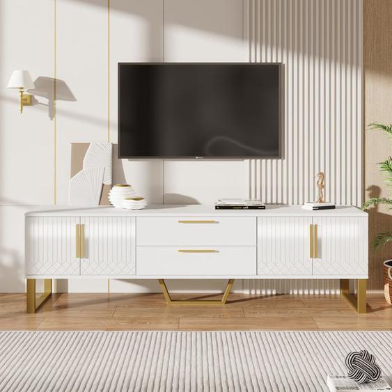 Meuble TV avec 2 Tiroirs 4 Porte, Meuble de Rangement, Style Moderne, 170x40x53 cm, Pieds en metal, Etagères de rangement, Blanc