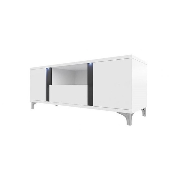 Meuble TV avec éclairage LED BANTRY – blanc / blanc brillant / noir brillant