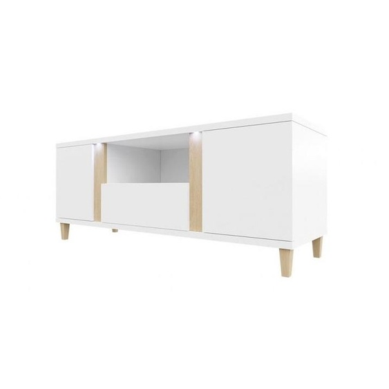 Meuble TV avec éclairage LED BANTRY – blanc / blanc brillant / placage naturel