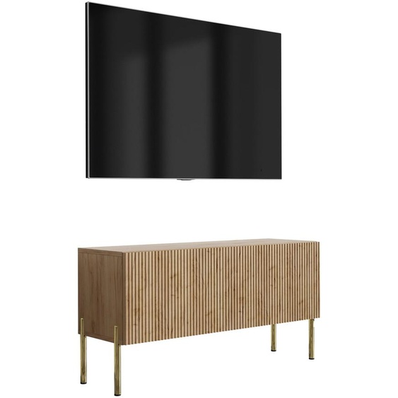 Meuble TV avec façade rainurée, chêne Craft, pieds droits dorés, 100 × 32 × 52 cm