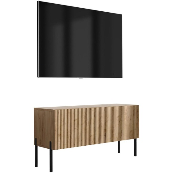 Meuble TV avec façade rainurée, chêne Craft, pieds droits noirs, 100 × 32 × 52 cm
