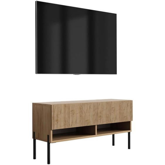Meuble TV avec façade rainurée, chêne Craft, pieds droits noirs, 100 × 32 × 52 cm