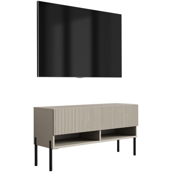 Meuble TV avec façade rainurée, couleur cachemire, pieds droits noirs, 100 × 32 × 52 cm