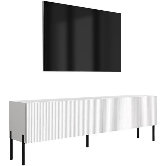 Meuble TV avec façades rainurées, blanc mat, pieds droits noirs, 170 × 32 × 52 cm