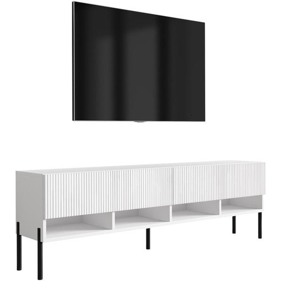 Meuble TV avec façades rainurées, blanc mat, pieds droits noirs, 170 × 32 × 52 cm