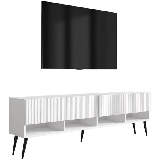 Meuble TV avec façades rainurées, blanc mat, pieds noirs inclinés, 170 × 32 × 52 cm