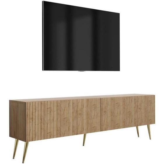 Meuble TV avec façades rainurées, chêne Craft, pieds inclinés dorés, 170 × 32 × 52 cm