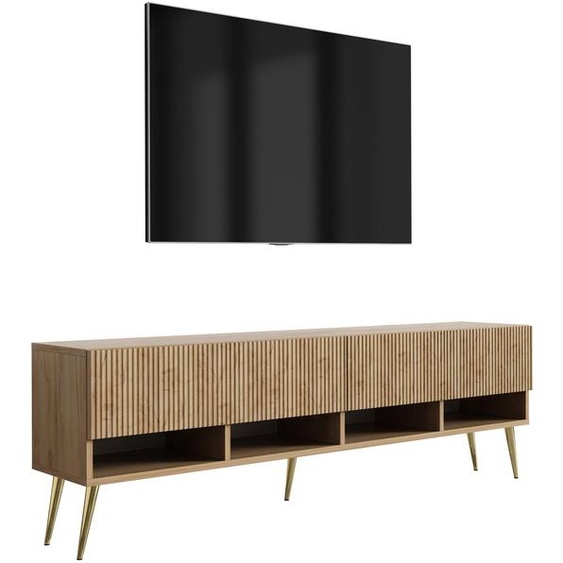 Meuble TV avec façades rainurées, chêne Craft, pieds inclinés dorés, 170 × 32 × 52 cm