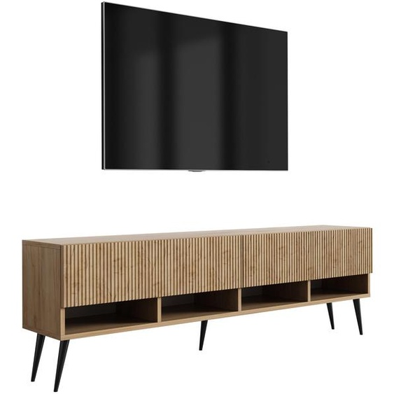 Meuble TV avec façades rainurées, chêne Craft, pieds noirs inclinés, 170 × 32 × 52 cm