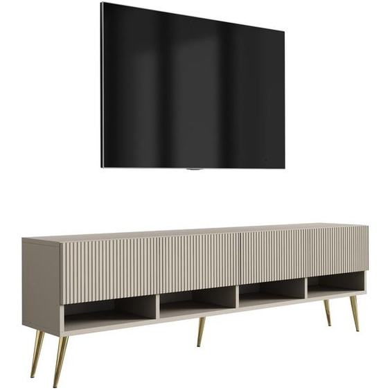Meuble TV avec façades rainurées, couleur cachemire, pieds inclinés dorés, 170 × 32 × 52 cm
