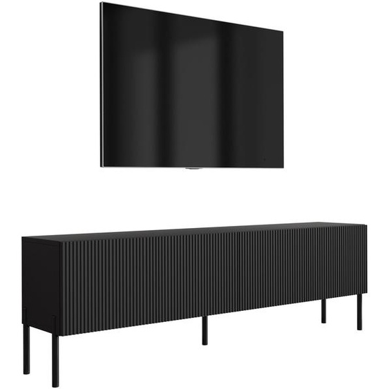 Meuble TV avec façades rainurées, noir mat, pieds droits noirs, 170 × 32 × 52 cm