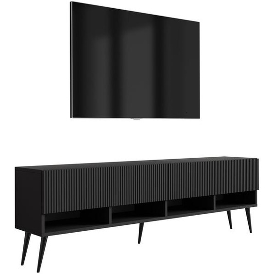 Meuble TV avec façades rainurées, noir mat, pieds noirs inclinés, 170 × 32 × 52 cm