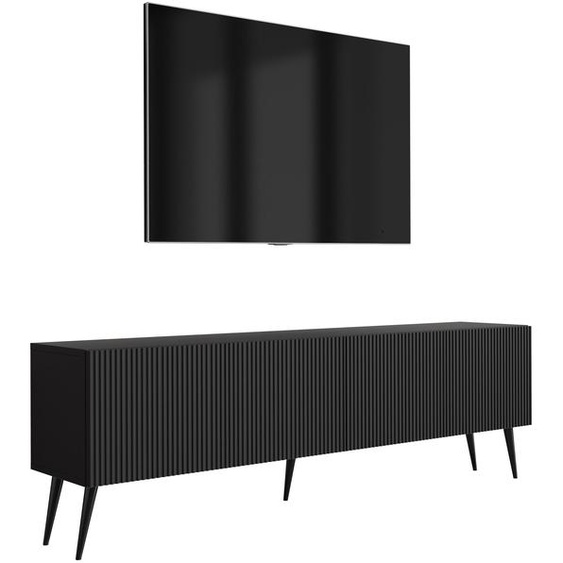 Meuble TV avec façades rainurées, noir mat, pieds noirs inclinés, 170 × 32 × 52 cm