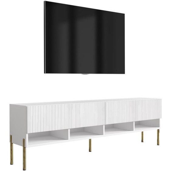 Meuble TV avec façades striées, blanc mat, pieds droits dorés, 170 × 32 × 52 cm