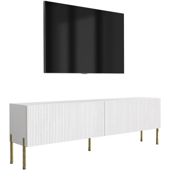 Meuble TV avec façades striées, blanc mat, pieds droits dorés, 170 × 32 × 52 cm