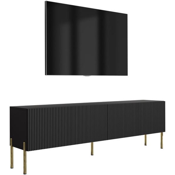 Meuble TV avec façades striées, noir mat, pieds droits dorés, 170 × 32 × 52 cm