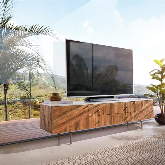 Meuble-TV Bahan 175 cm Mangue Teck 2 portes 2 tiroirs au centre Plateau en marbre blanc Pied dangle en acier inoxydable, Meubles-TV
