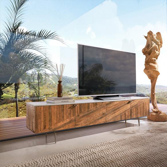 Meuble-Tv Bahan 200 cm mangue teck 4 portes plateau marbre blanc pied dangle en acier inoxydable, Meubles-TV