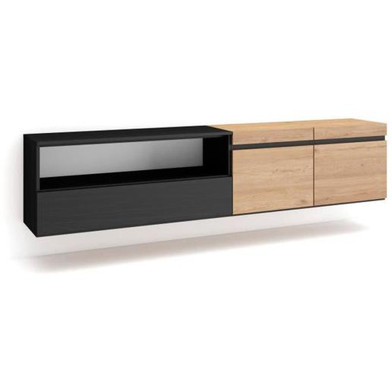 Meuble TV, Banc Télé, 200x35x45cm, Pour les TV jusquà 80, Suspendu, Mural, Chêne et noir, RF2252