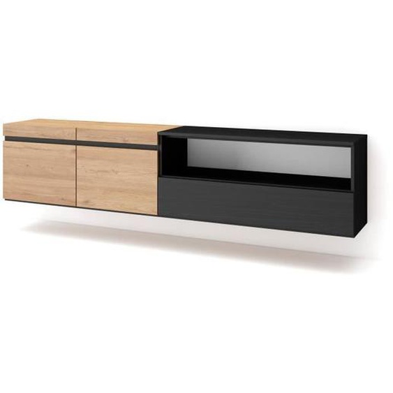 Meuble TV, Banc Télé, 200x35x45cm, Pour les TV jusquà 80, Suspendu, Mural, Chêne et noir, RF2264
