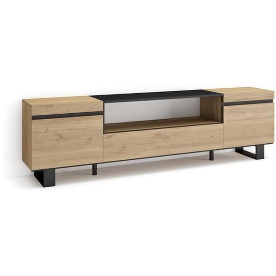 Meuble TV, Banc Télé, 200x35x57cm, Pour les TV jusquà 80, Design industriel, Chêne et noir, RF2149