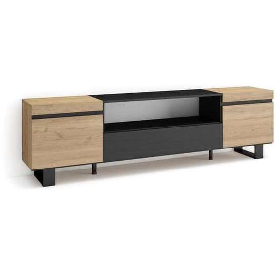 Meuble TV, Banc Télé, 200x35x57cm, Pour les TV jusquà 80, Design industriel, Chêne et noir, RF2257