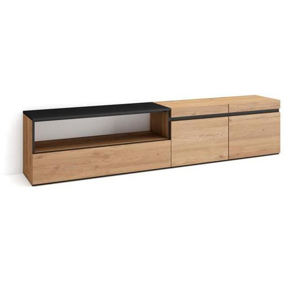 Meuble TV, Banc Télé, Grand espace de Rangement, 200x35x45cm, Pour les TV jusquà 80, Chêne et noir, RF2142