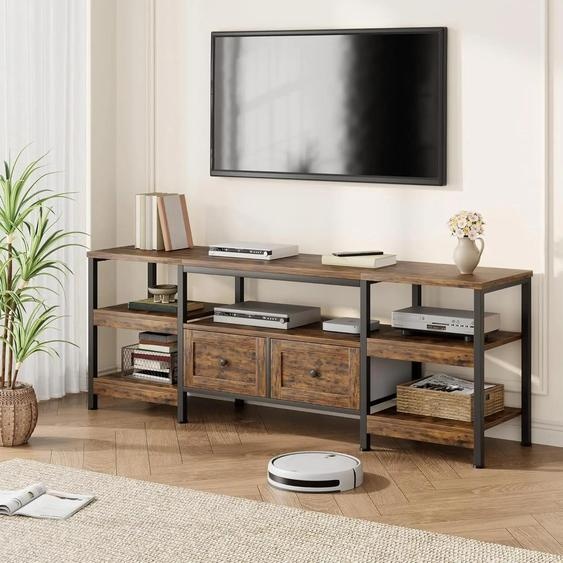 Meuble TV bas - Meuble multimédia - 160 × 40 × 65 cm - Style moderne - Structure en métal - 2 tiroirs - Étagère ouverte - Pour téléviseurs jusquà 216 cm - Rouge