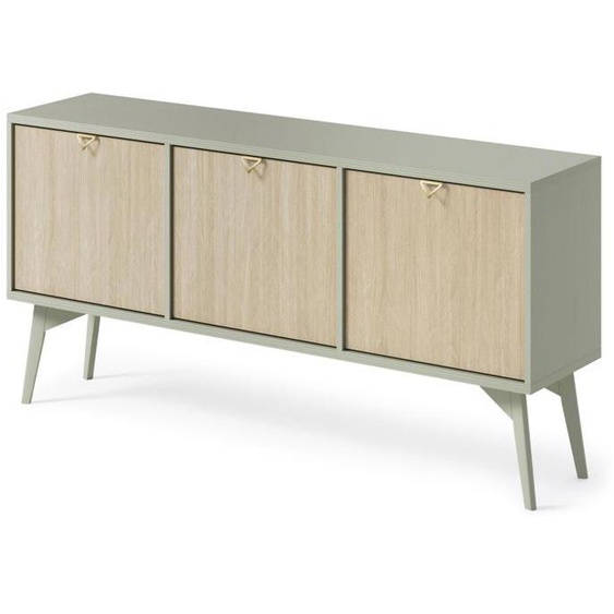 Meuble TV bas pour salon FIRR de Bettso meubles de salon, 158x52x38 cm, poignées dorées et vert clair avec aspect bois
