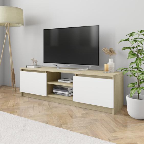 Meuble TV Blanc et chêne sonoma 120x30x35,5 cm Aggloméré