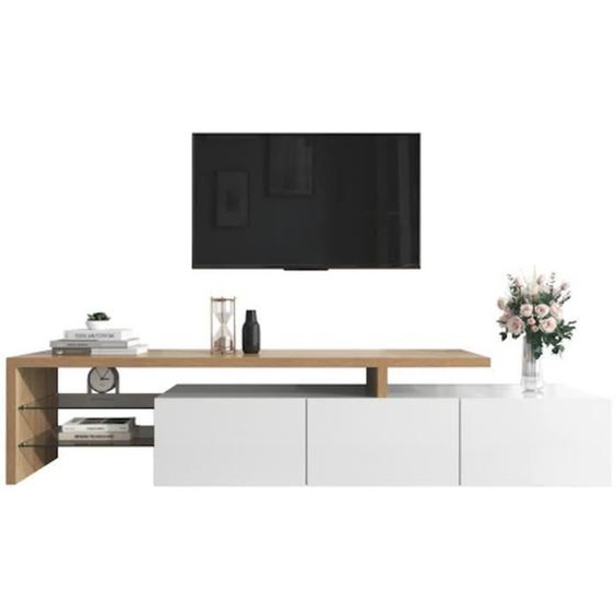 Meuble tv bois avec espace de rangement spacieux, étagères en verre et éclairage led- naturel et blanc