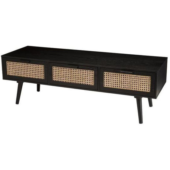 Meuble TV bois noir 3 tiroirs cannage - MACABANE - EMILIO - Scandinave - Moderne