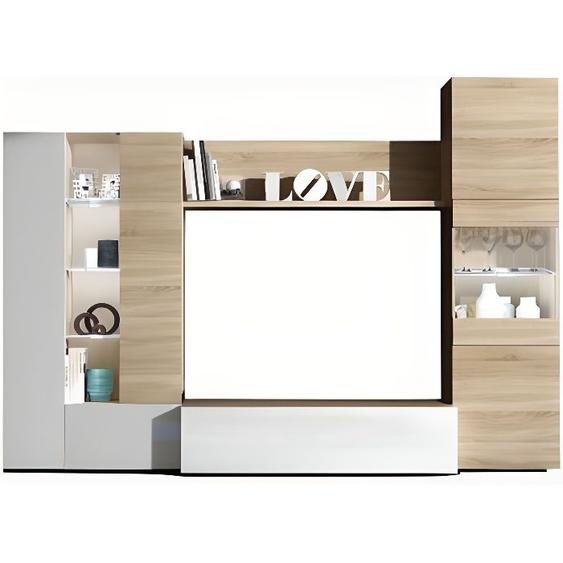 Meuble TV coloris Blanc Brillant - chêne Canadien en mélamine - Dim : 185 x 260 x 42 cm