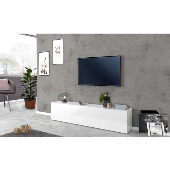 Meuble TV de salon - DMORA - 1 abattant - 180x30h40 cm - Blanc brillant
