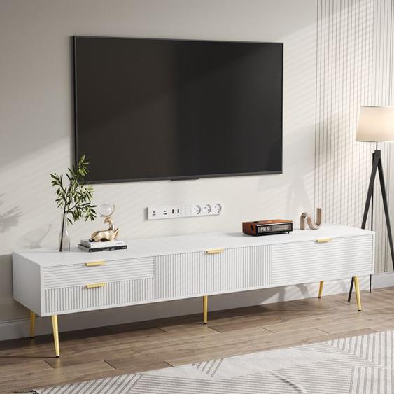 Meuble TV élégant, ANNEFLY meuble bas. Avec tiroirs et portes, mobilier pour salon. Design moderne. Poignées et pieds dorés