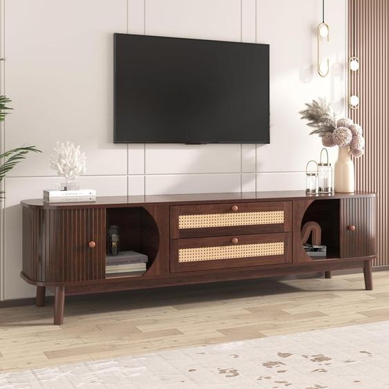 Meuble TV - en mélange de bois naturel - avec portes et tiroirs - Meuble TV avec côtés en rotin - Solution de rangement - Naturel - Style cottage