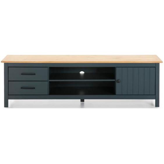 Meuble TV en pin massif décor ciré chêne et bleu, meuble de rangement - Longueur 158 x Profondeur 40 x Hauteur 47 cm