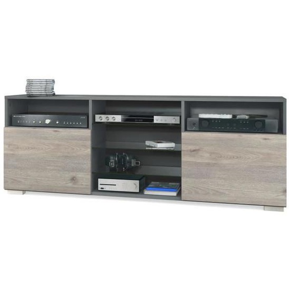 Meuble TV Granada, Lowboard avec 2 portes et 6 compartiments ouverts, anthracite mat-chêne nordique