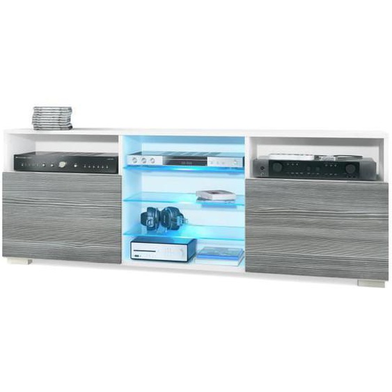 Meuble TV Granada, Lowboard avec 2 portes et 6 compartiments ouverts, blanc mat-avola-anthracite avec éclairage LED RGB