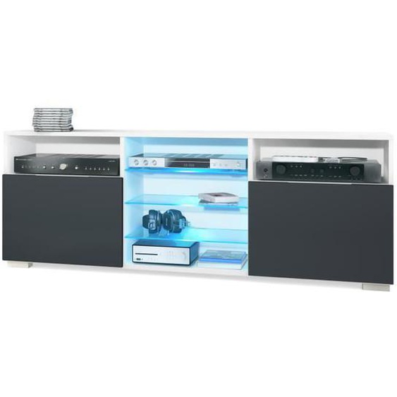Meuble TV Granada, Lowboard avec 2 portes et 6 compartiments ouverts, blanc mat-noir mat avec éclairage LED RGB