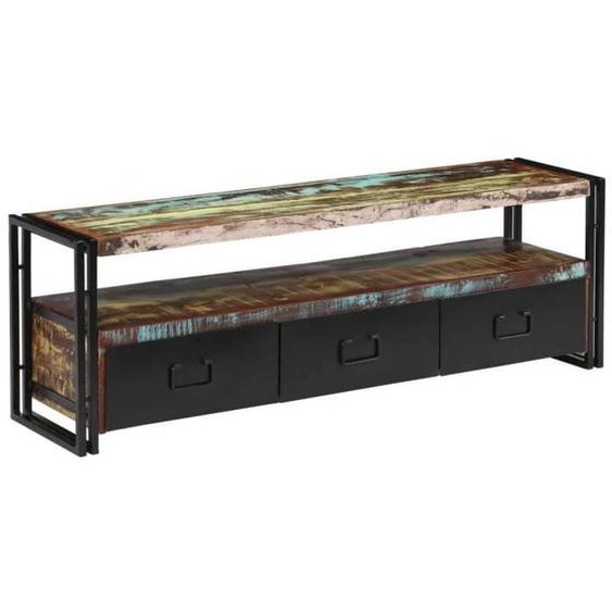 Meuble TV industriel en bois de récupération massif - Helloshop26 - 120 cm - 3 tiroirs - Noir
