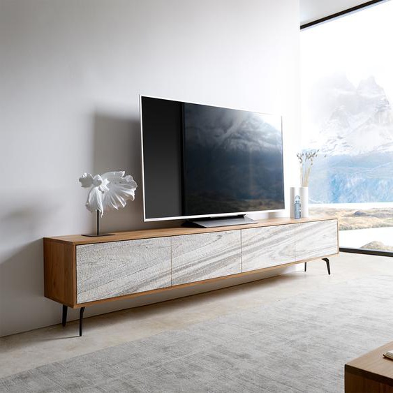 Meuble TV Kleo 220 cm acacia naturel 4 portes pieds angulaires métal noir, Meubles-TV