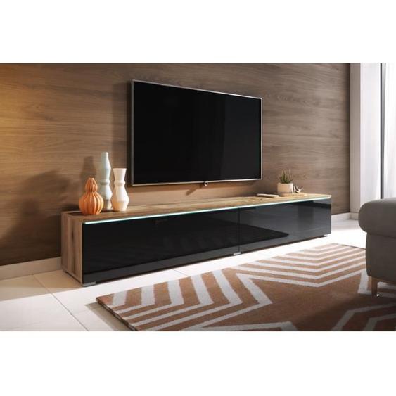 Meuble TV - Lowboard D - 180 cm - Chêne Wotan / Noir Brillant - LED Inclus - Design Contemporain