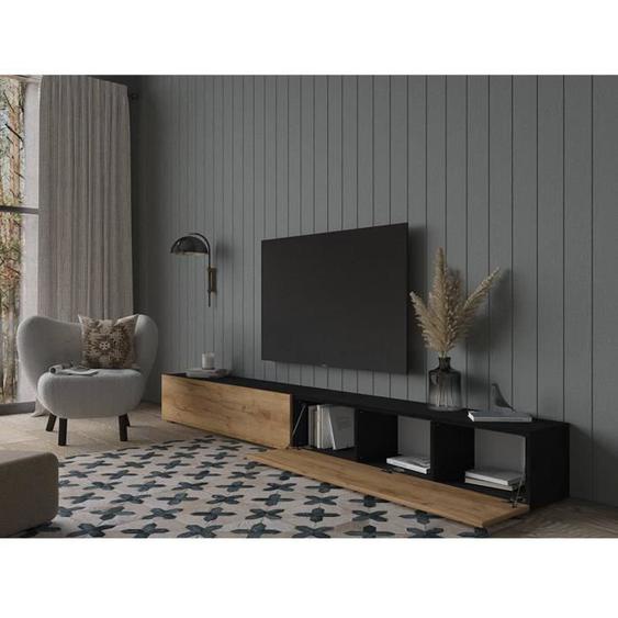 Meuble TV / meuble de salon noir et de chêne 280 cm suspendu ou debout