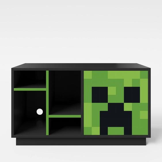 Meuble Tv Minecraft Avec Led Et Passage De Câbles - 4 Niches Et Porte Noir - Creeper