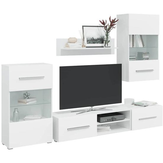 Meuble TV mural avec éclairage LED 5 pièces Blanc