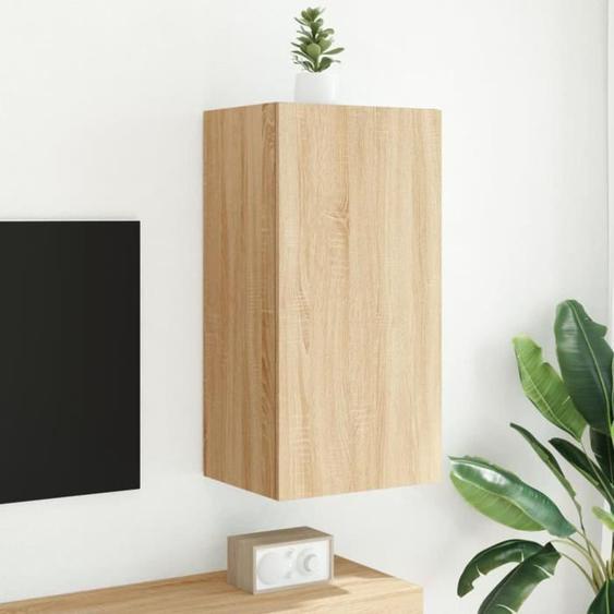 Meuble TV mural - MOTHINESSTO - Chêne Sonoma - 40,5x35x80 cm - Lumières LED - 2 Compartiments